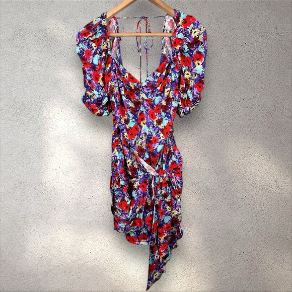 For Love And‎ Lemons Red Purple Floral Satin Chiara Puff Sleeve Mini Dress Sz M - Picture 3 of 7